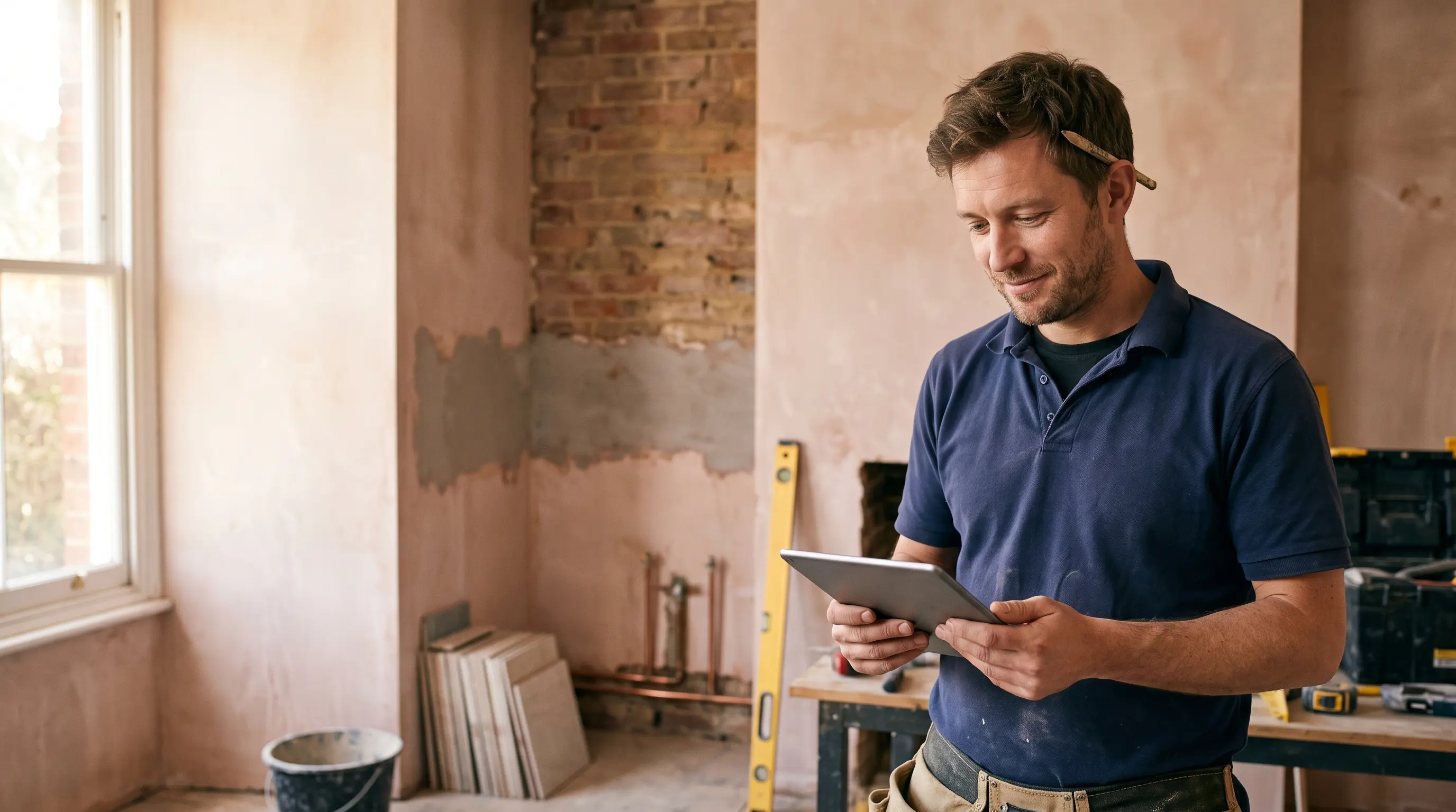 Kent builder using job management software on a tablet on site