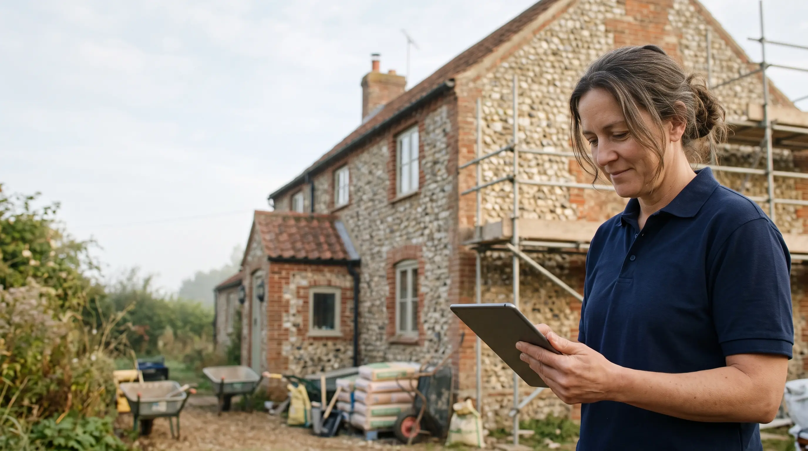Norfolk builder using Tradeways job management software to check a quote on a tablet on site